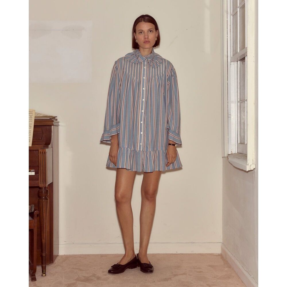 Bode Regatta Stripe Mini Dress Printed Ruffle Collared Pleated Cotton L 286763